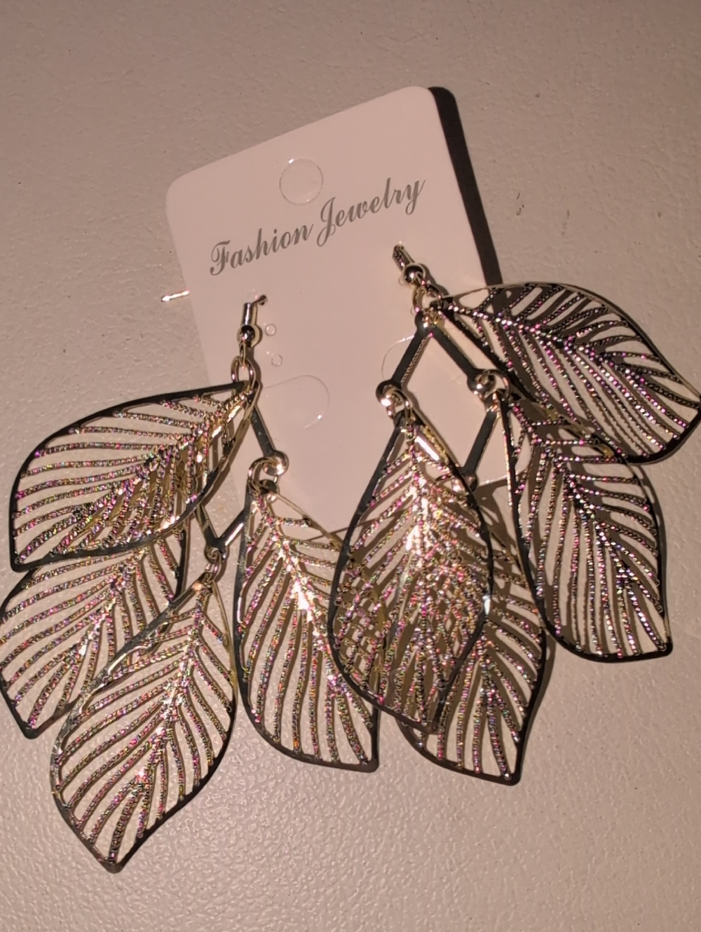 Fashion Jewelry Gold-Tone Glitter Leaf Cascade Earrings
